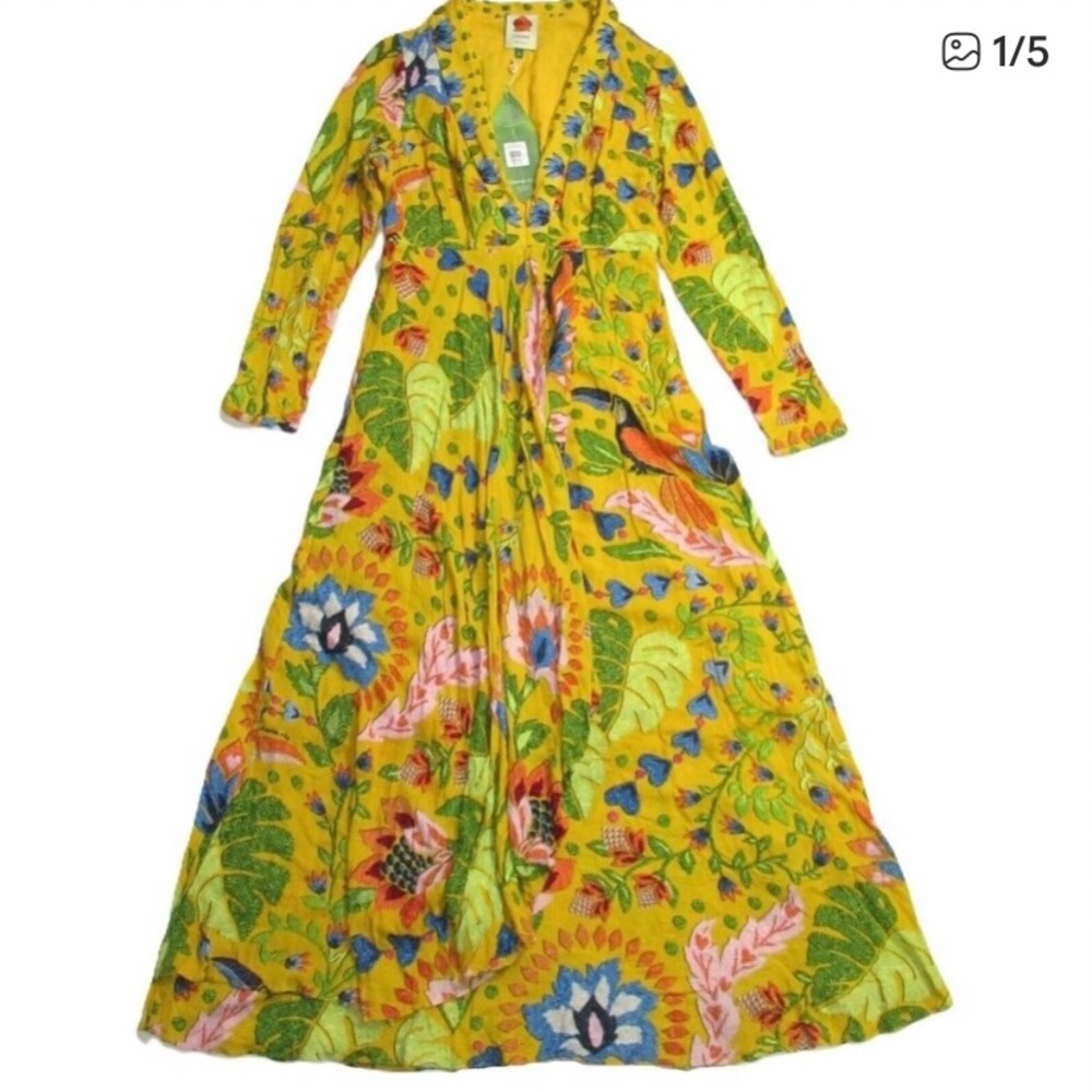 NWOT FARM Rio Summer Garden Maxi Yellow Plunging V-neck Long Sleeves dress Sz L - Picture 3 of 16